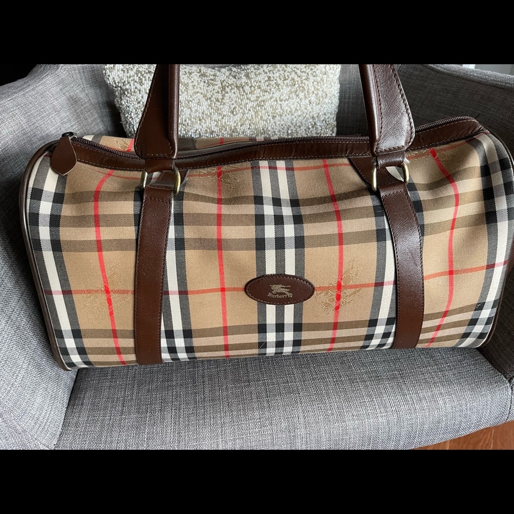 Authentic Burberrys Check Canvas Travel Boston Bag Brown Beige